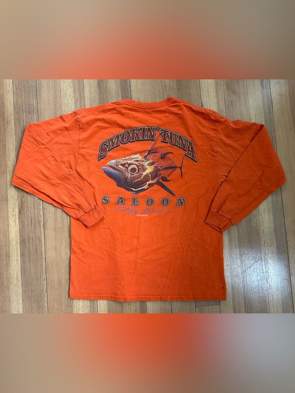 Vintage L Smokin Tuna Saloon Key West Florida Long Sleeve Shirt Orange Graphic